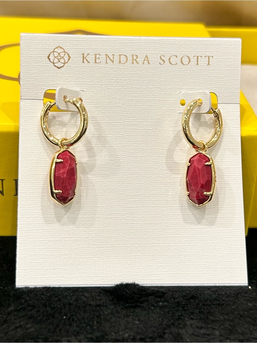 Kendra Scott Gold Huggie Earrings with Red-Mauve Magnesite Drops